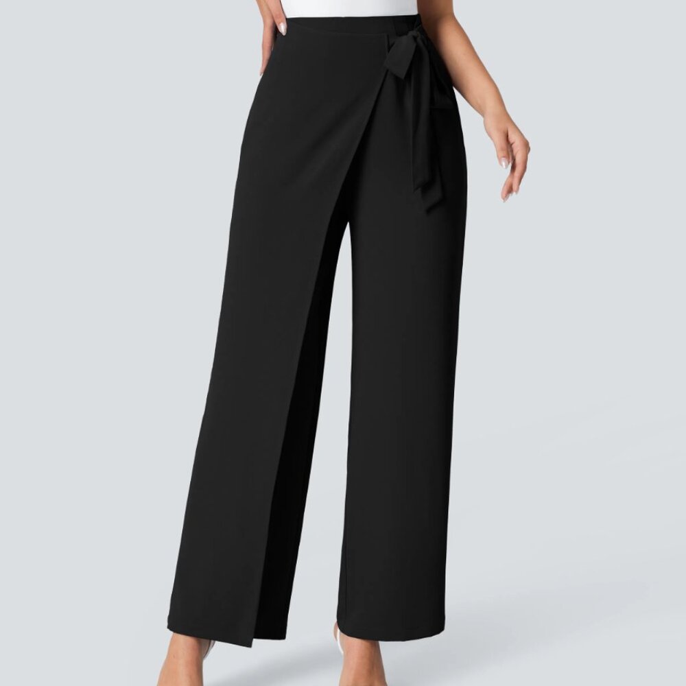 High Waisted Tie Side Invisible Zipper Wide Leg Work Pants